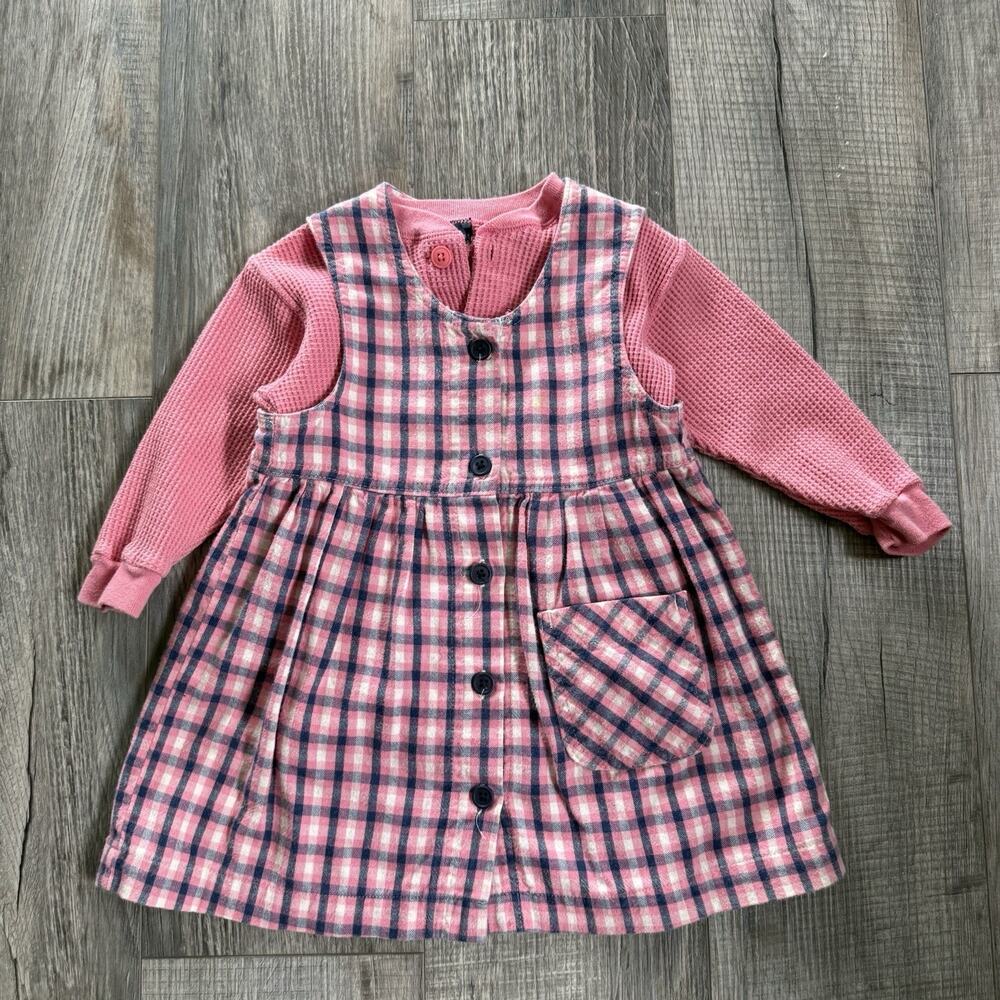 Vtg Lands End 90s Plaid Jumper Dress Girls Toddler 3T Pink Blue Thermal Layered